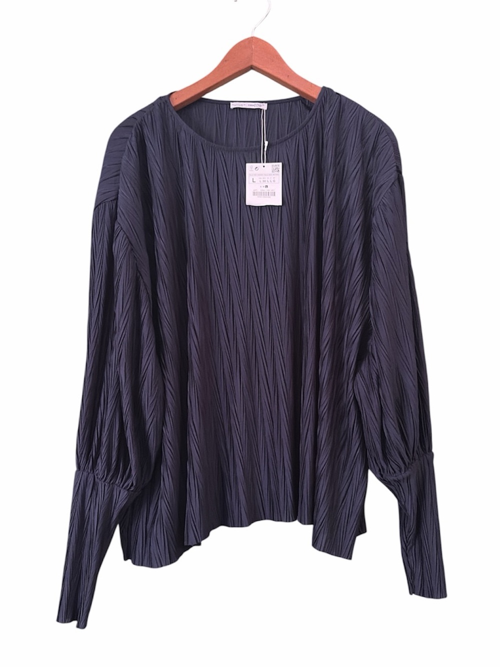 NWT Zara Navy Textured Pleated Blouse Sz L